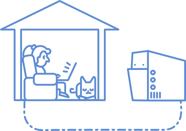 Ilustración de una persona y un gato en una casa  conectados a un servidor